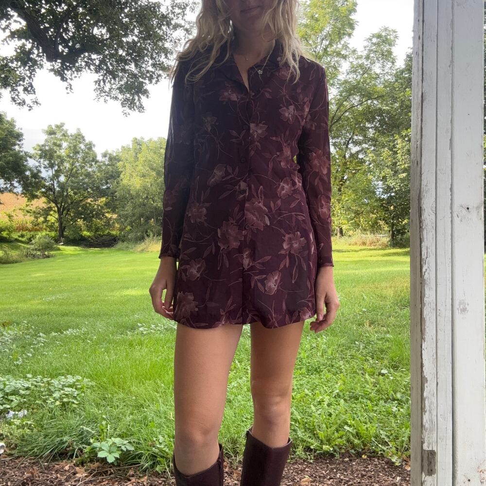 Vintage 90s Express Burgundy Floral Sheer Mini Dress Shirt Top Small
